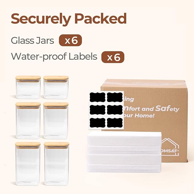 ComSaf Glass Storage Containers With Lids 6-Pack (0.7qt/1.2qt/1.6qt), Glass Pantry Storage Containers, Rectangular Glass Jars With Lid, Glass Canisters For Kitchen Flour Cereal Sugar Tea Coffee Bean