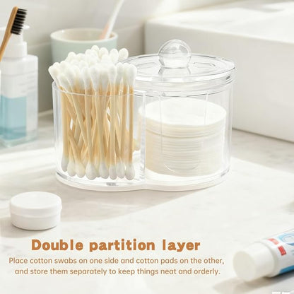 Qtip Dispenser Holder with Cotton Swab, Dual-Compartment Round Cotton Pads Dispenser Small Plastic Swabs Dispensers with Lid, Compact Countertop Storage Container