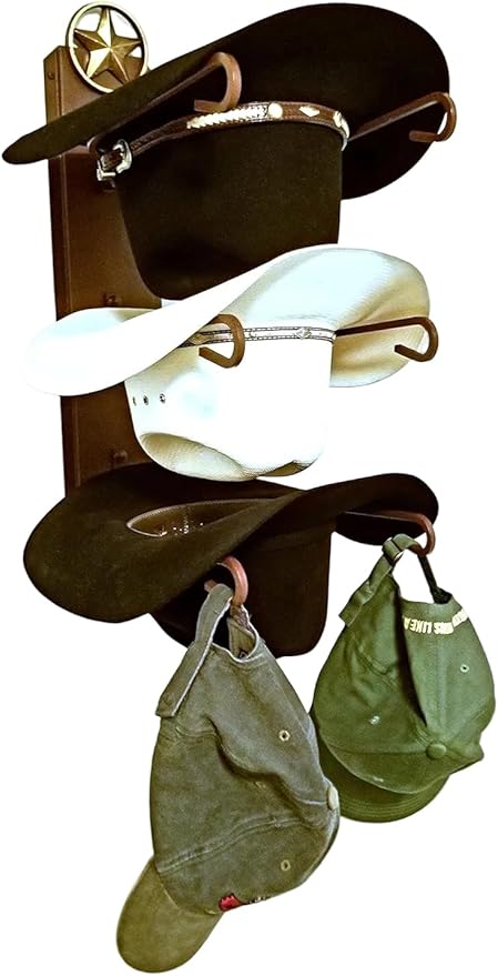 American Made 3 Cowboy Hat Rack with Lone Star, Wall Mount Three Tier Hat Holder, Heavy Duty Powder Coated Steel, Rust Chisholm Trail Brown, Model 663 Classic CT