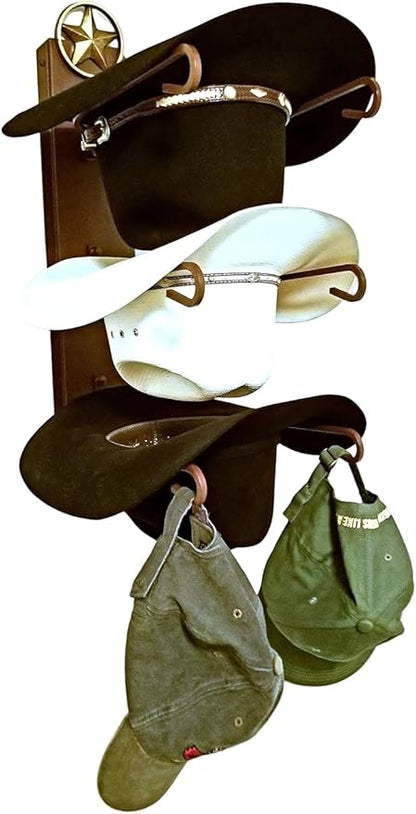 American Made 3 Cowboy Hat Rack with Lone Star, Wall Mount Three Tier Hat Holder, Heavy Duty Powder Coated Steel, Rust Chisholm Trail Brown, Model 663 Classic CT