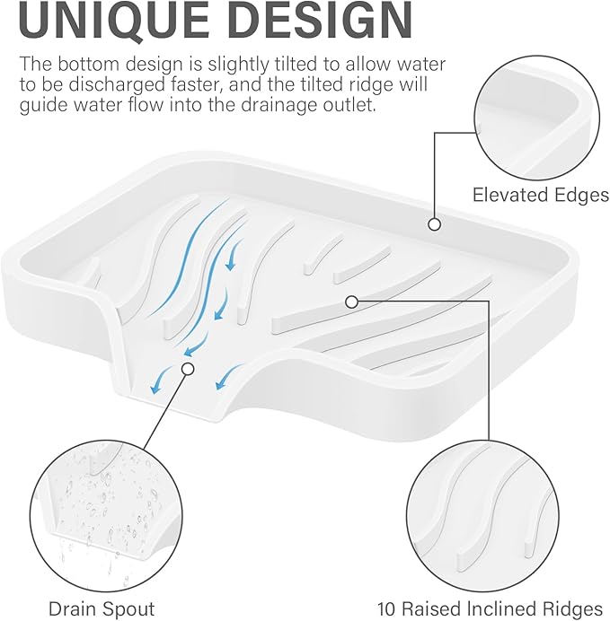 Silicone Soap Dish with Drain, SAISN Kitchen Soap Tray for Shower 2 Pack Self Draining Soap Dish Soft Bathroom Soap Holder for Kitchen Sink Flexible Portable Soap Saver, White