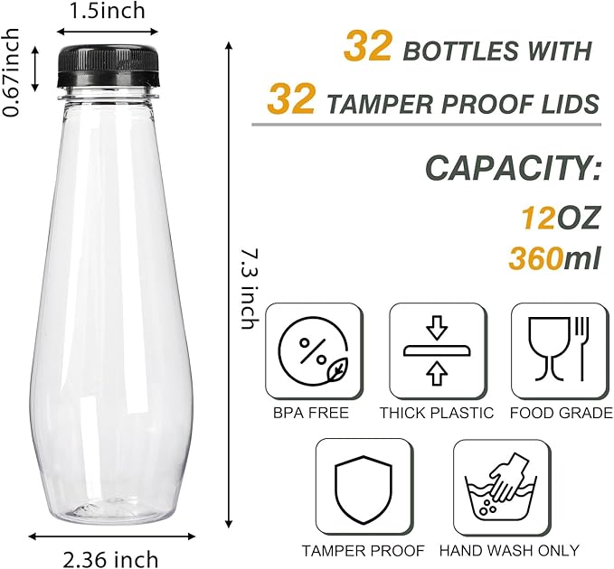 TOMNK 32pcs 12oz Juice Bottles, Empty Plastic Juicing Bottles with Caps, Cone Reusable Clear Bulk Beverage Containers for Juicing, Drinking, Milkshake, Tea and Other Beverages