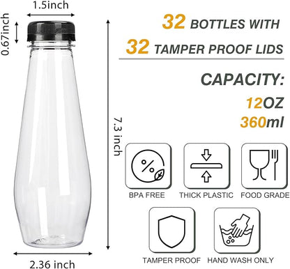 TOMNK 32pcs 12oz Juice Bottles, Empty Plastic Juicing Bottles with Caps, Cone Reusable Clear Bulk Beverage Containers for Juicing, Drinking, Milkshake, Tea and Other Beverages