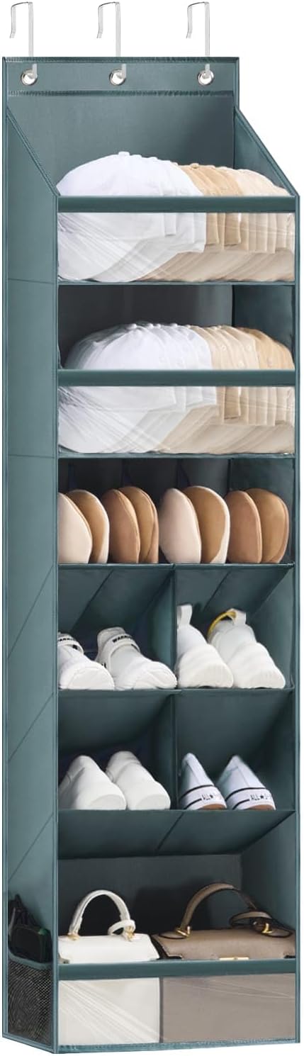 Over the Door Organizer with 6 Tiers & 11 Pockets – Multi-Purpose Hanging Door Organizer with Clear Pockets, Heavy Duty Space-Saving Closet Storage, Fits Shoes Hats Bags, Tool-Free Installation, Grey