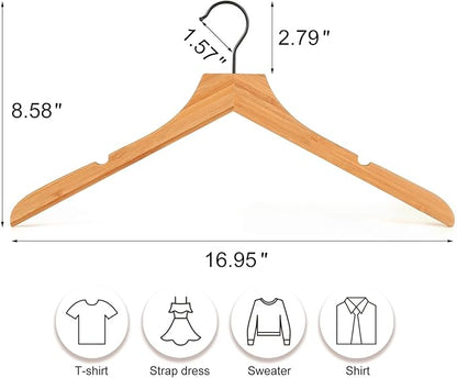 TOPIA HANGER Bamboo Wooden Hangers, Clothes Hangers with Rotatable Black Hook and Smooth Cut Nothces, Set of 20 Durable and Slim Wood Hangers for Coats, Suits, Jackets, Sweaters, Dresses - CTS08