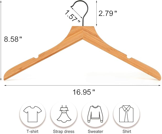 TOPIA HANGER Bamboo Wooden Hangers, Clothes Hangers with Rotatable Black Hook and Smooth Cut Nothces, Set of 12 Durable and Slim Wood Hangers for Coats, Suits, Jackets, Sweaters, Dresses - CTS03