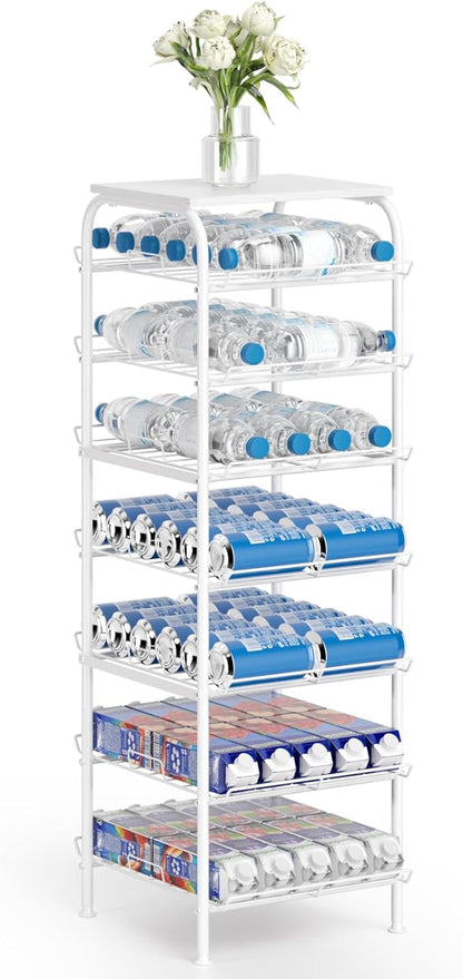 Vrisa Water Bottle Organizer 7 Tier Free Standing Water Bottle Holder Stand with Storage Shelves Beverage Drink Soda Can Rack Dispenser Metal Storage Shelf for Kitchen Pantry Party Office, White