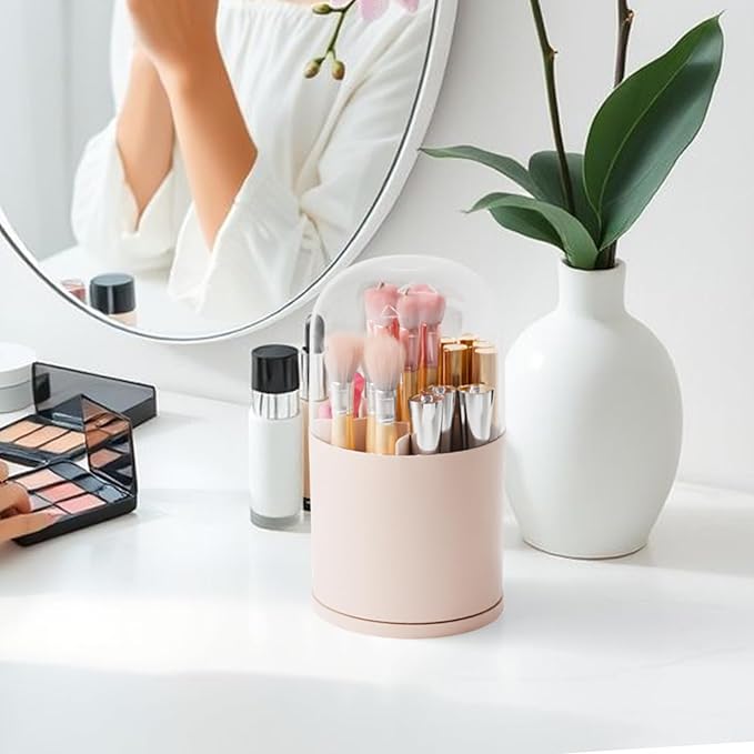 Yieach Rotating Acrylic Makeup Brush Holder with Lid for Vanity,Bathroom,Countertop,Covered Makeup Brushes Organizer,Round Spinning Cosmetic Brushes Holder and Make up Brush Storage with Cover,Pink