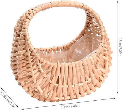 Fofetbfo 2PCS Half-moon Mini Straw Rattan Baskets, Hand-woven Flower Basket with Handle, Retro Storage Containers, Khaki