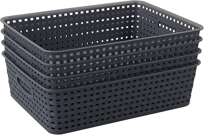 4 Packs Plastic Storage Basket Tray, Shallow Paper Basket, Gray
