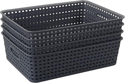 4 Packs Plastic Storage Basket Tray, Shallow Paper Basket, Gray