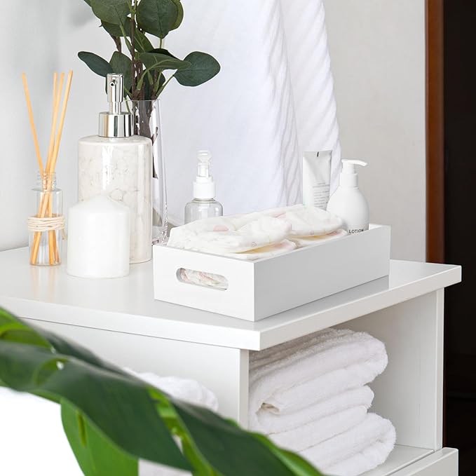 ALELION White Bathroom Basket - Wooden Toilet Tank Paper Basket with Handle for Organizing - Back of Toilet Storage Organizer for Bathroom Tank Topper Counter - White Bathroom Decor Box