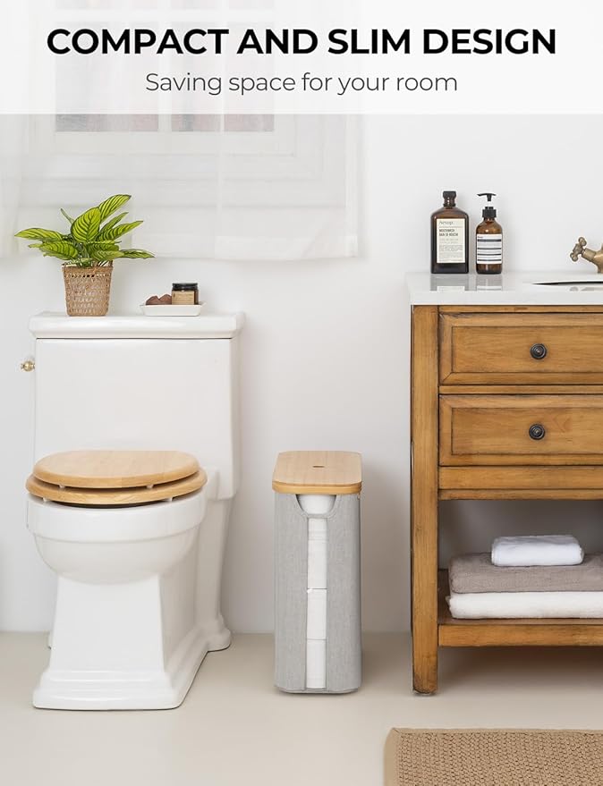 StorageWorks Large Toilet Paper Storage with Bamboo Lid, Toilet Paper Holder Basket for Up to 12 Mega or 16 Regular Size Rolls, Paper Storage Baskets for Bathroom, Grey, 1 Pack
