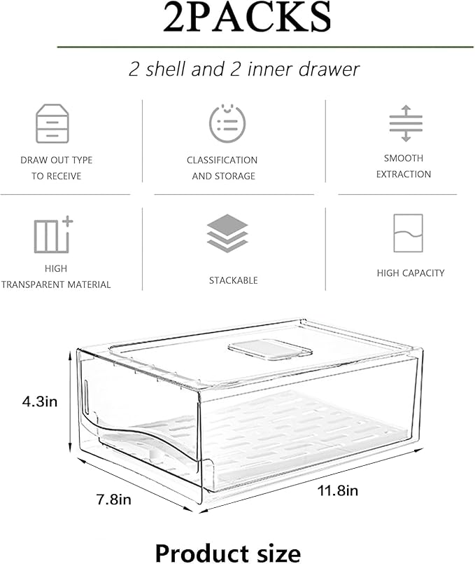 2 Pack Large Capacity Refrigerator Organizer and Storage, Fruit Storage Containers,Stackable Fridge Storage Containers for Drinks, Meat,Vegetable,Produce,Kitchen, Barbecue Shop, Restaurant, BPA-Free