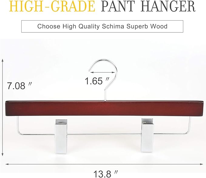 TOPIA HANGER Pants Hangers, Deluxe Cherry Wood Skirt Hangers with 2 Big Premium Metal Clips and 360° Swivel Anti-Rust Flat Hook, 20 Pack Boutique Hanger for Skirts, Trousers, Jeans, Slacks, CT03M