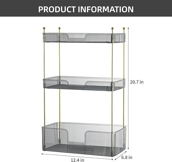 Akinbas 3 Tier Bathroom Organizer Countertop Makeup Perfume Tray Skincare Organizer for Bathroom Dresser Vanity (Grey)