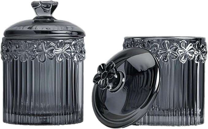 2 Pack Q-tip Holder Glass Apothecary Jars with Lids 3.35" Wide, 4.92" Height Stylish and Functional Storage for Bathroom or Vanity, Grey