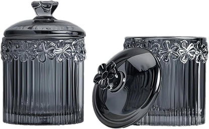 2 Pack Q-tip Holder Glass Apothecary Jars with Lids 3.35" Wide, 4.92" Height Stylish and Functional Storage for Bathroom or Vanity, Grey