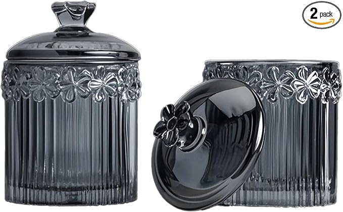 2 Pack Glass Qtip Holder Canisters with Lids , Crystal Clear Apothecary Jars for Cotton Balls, Swabs, Floss, Candy & Makeup Pads , Bathroom Vanity Organizers & Beauty Storage(Grey)