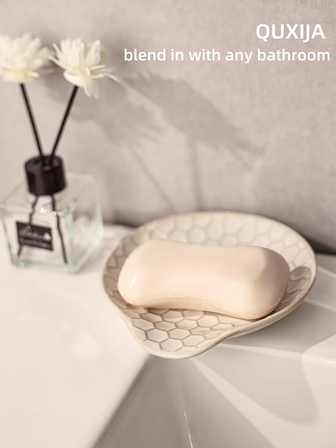 Ceramic Soap Dish, Set of 2 Bar Soap Holder, Shower Soap Dish Soap Saver Tray for Bathroom Kitchen Sink, Stylish and Easy to Clean (Vintage White)