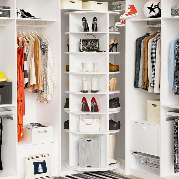 Shoe Organizer, 7 Tier Rotating Shoe Rack Tower, Spinning Shoe Display, High Bottom Design Shoe Tower Spinning Storage, Revolving Rack 360, Closet Handbag Display Rotate Organizers (White01)