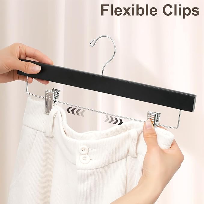 BAGAIL 20 Pack Wooden Pants Hangers with Adjustable Clips, 360°Swivel Hook Space Saving Skirt Holders with Anti-Rust Clips for Trousers, Jeans, Shorts (Black)