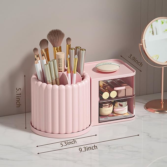 Anyoifax 360 Rotating Makeup Brush Holder 7 Slots Makeup Organizer with Drawer Removable Spinning Cosmetic Storage Pen Holder for Vanity, Dresser, Desk, Pink