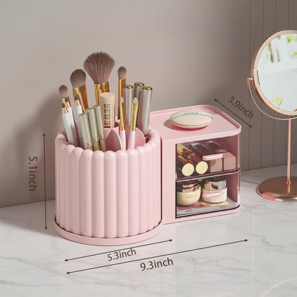 Anyoifax 360 Rotating Makeup Brush Holder 7 Slots Makeup Organizer with Drawer Removable Spinning Cosmetic Storage Pen Holder for Vanity, Dresser, Desk, Pink