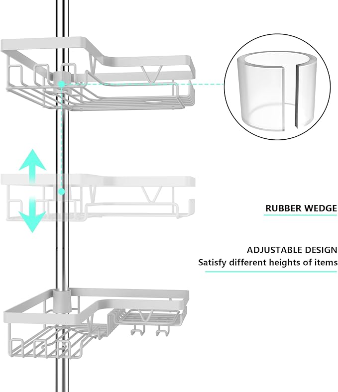 KEGII Corner Shower Caddy Tension Pole - 4-Tier Rustproof Bathroom Organizer, Floor to Ceiling Shower Caddy 25-114.2 inch, No Drilling Shower Storage Rack for Shampoo, Towels (Matte White) | Rustproof, Bathroom Organizer, Shower Storage Rack, for Shamp...