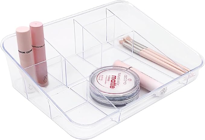 SUNFICON Makeup Tray Organizer Cosmetic Display Case Office Stationery Storage Holder Countertop Storage Unit Makeup Box for Bathroom Drawers,Vanities Office Desk,Washable Crystal Clear Acrylic