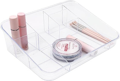 SUNFICON Makeup Tray Organizer Cosmetic Display Case Office Stationery Storage Holder Countertop Storage Unit Makeup Box for Bathroom Drawers,Vanities Office Desk,Washable Crystal Clear Acrylic