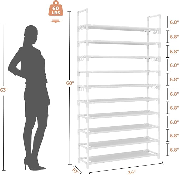 LANTEFUL Tall Shoe Rack 10 Tier Shoe Organizer Large Shoe Shelf with 18 Hooks Storage for 50 Pair Sneaker and Boot, Stackable Vertical Shoe Rack Organizer for Closet, Entryway, Bedroom, White