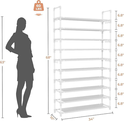 LANTEFUL Tall Shoe Rack 10 Tier Shoe Organizer Large Shoe Shelf with 18 Hooks Storage for 50 Pair Sneaker and Boot, Stackable Vertical Shoe Rack Organizer for Closet, Entryway, Bedroom, White