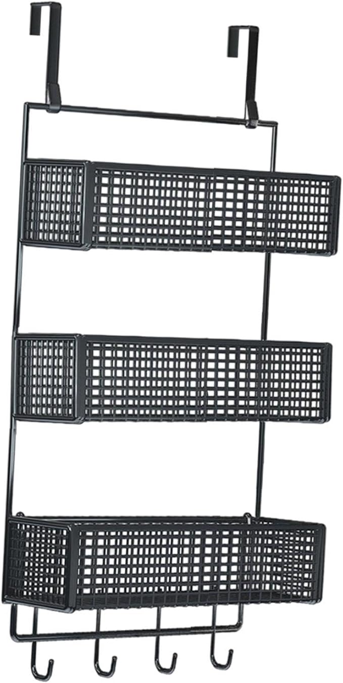 Over The Door Organizer Wall Mounted Shelf Large Capacity Seasoning Shelves Door Back Metal Wire Basket for Cabinet Bedroom, S Black