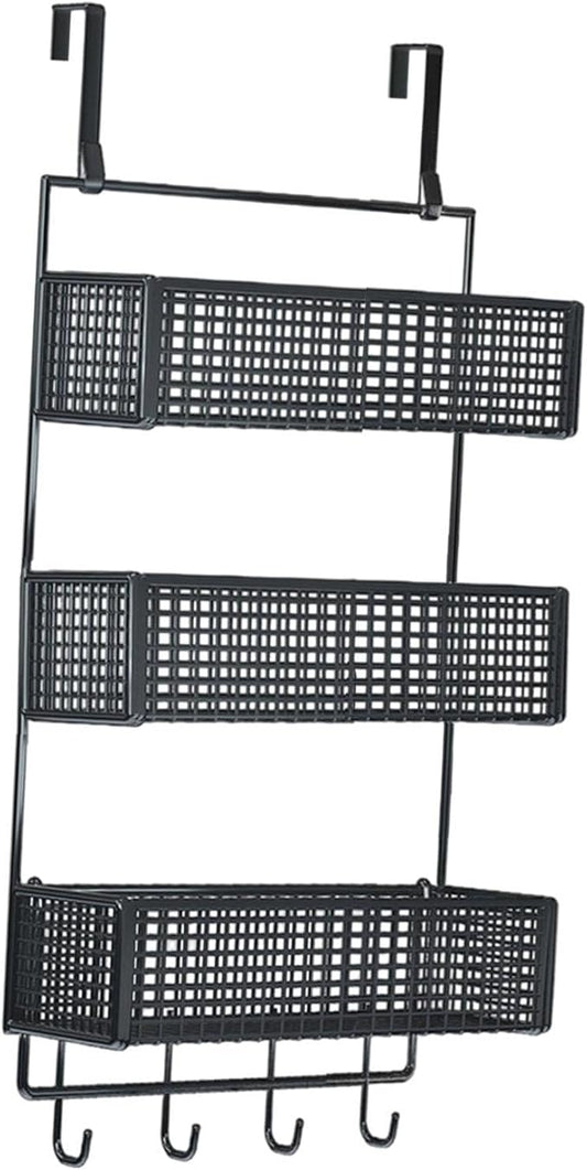 Over The Door Organizer Wall Mounted Shelf Large Capacity Seasoning Shelves Door Back Metal Wire Basket for Cabinet Bedroom, S Black