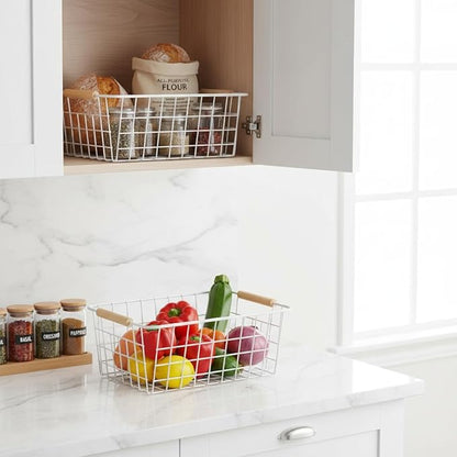 Metal White Wire Basket,Food Storage Organizer with Wooden Handles, pantry organizers and storage for Organizing Kitchen Cabinets potato onion, 2 Packs