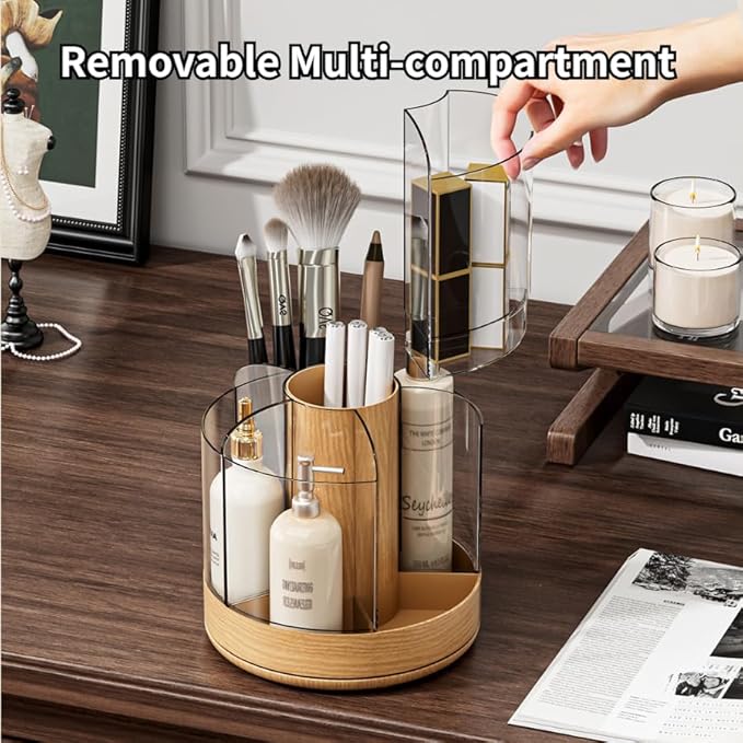 Makeup Brush Holder 360° Rotating 6 Slot Multi-Compartment Storage, Acrylic Spinning Organizer for Cosmetics Nail Polish Combs, Bathroom Vanity Desktop Organizer (Dark Woodgrain)