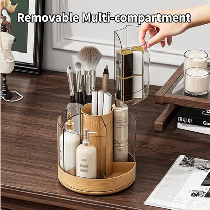Makeup Brush Holder 360° Rotating 6 Slot Multi-Compartment Storage, Acrylic Spinning Organizer for Cosmetics Nail Polish Combs, Bathroom Vanity Desktop Organizer (Dark Woodgrain)