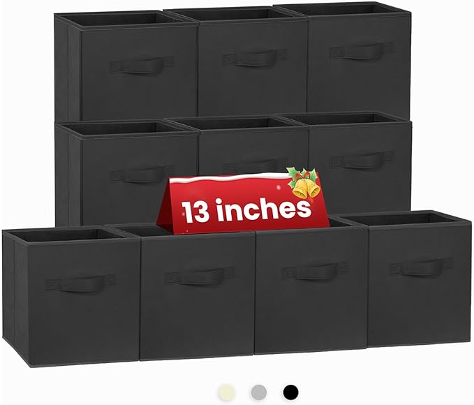 Large Storage Cubes- 13 Inch Cube Storage Bins for Organizing Shelves Kallax - Nursery Closet Organization Bins for Clothes Blanket - 10 Pack Collapsible Decorative Storage Box for Living Room (Black)