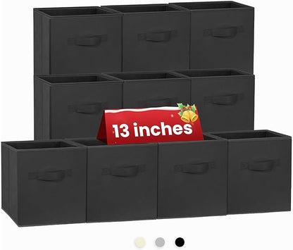 Large Storage Cubes- 13 Inch Cube Storage Bins for Organizing Shelves Kallax - Nursery Closet Organization Bins for Clothes Blanket - 10 Pack Collapsible Decorative Storage Box for Living Room (Black)