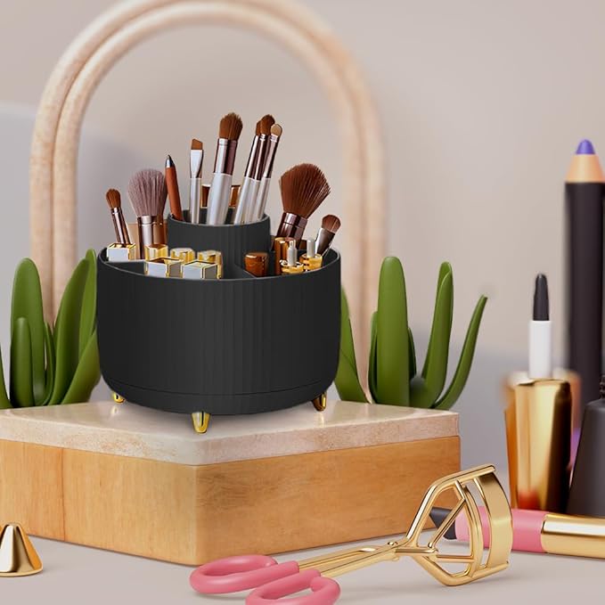 WILL OAK Makeup Brush Organizer - Large Compartment Cosmetic Organizer -Eyeliner, Nail Polish,Art Supply, Bathroom Vanity Desktop Organizer (Black)