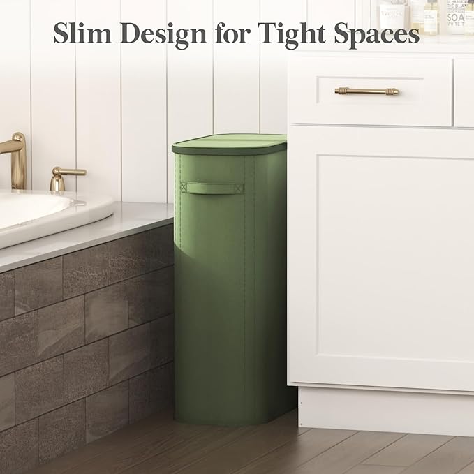 Lifewit Slim Laundry Basket with Lid, Narrow Large Laundry Hamper with Plastic Handles and Removable Bag, Tall Foldable Dirty Clothes Hampers for Laundry Room, Bedroom, Bathroom, Dorm, 65L Green