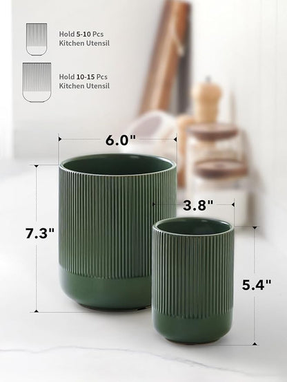 LE TAUCI Utensil Holder for Kitchen Counter, 7.3"+5.4" Fluted Ceramic Utensil Crock Organizer for Countertop, Heavy Large Holder for Spatulas, Spoons, Set of 2, Forest Green