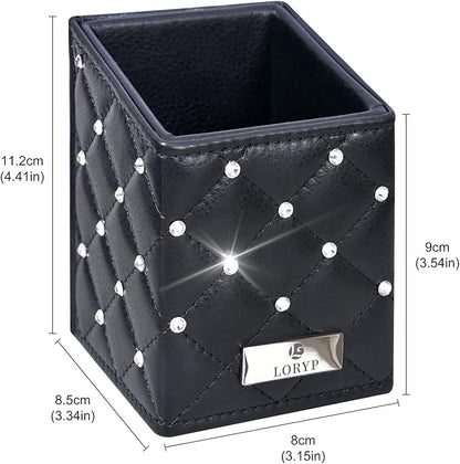 LORYP Makeup Brush Holder Crystal Brushes Cup Black PU Make up Brush Case Bag Storage for Women (Black-Large)