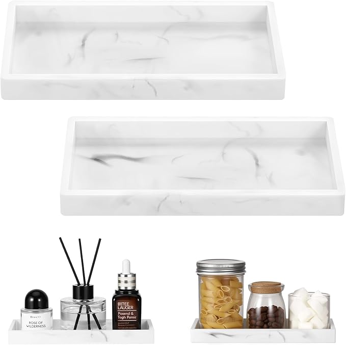 Luxspire Bathroom Vanity Tray - 2 Pack (7.9" x 4") Silicone Soap Dish for Kitchen Countertop, Bathroom Counter Tray for Soap Dispenser Perfume Jewelry Accessories, Marble White