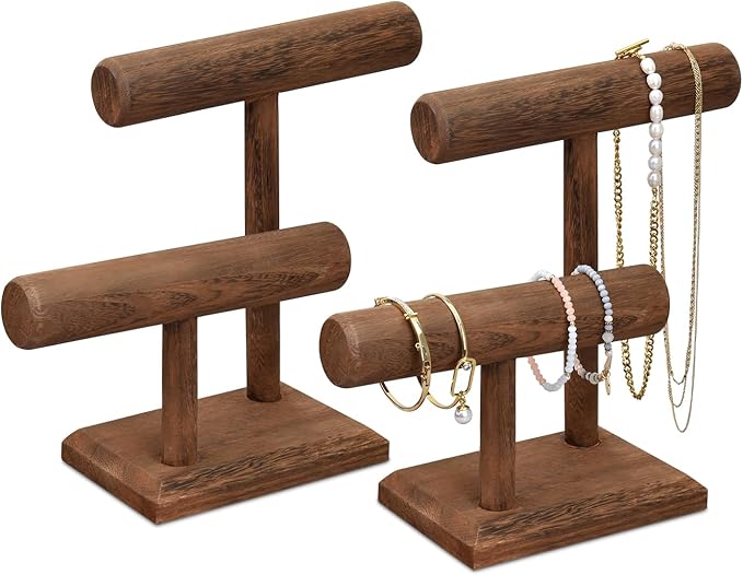 MOOCA 2 Pcs 2-Tier Space Saving Wooden Bracelet Holder Display, Jewelry Stand, Wood Bracelets Display, Jewelry Set, Free Assembly, Brown Color