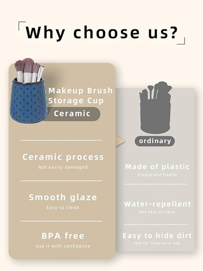 Ceramic Makeup Brush Holders, Farmhouse Bathroom Vanity and Countertop, Brushes Cup for Bathroom Cosmetics, Lipsticks, Vanity Desktop Storage (Vintage Blue)