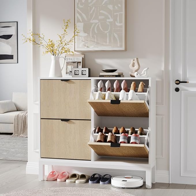 IDEALHOUSE Shoe Storage Cabinet with 4 Flip Drawers, Farmhouse Fluted Shoe Organizer with Metal Legs, Freestanding Hidden Slim Narrow Shoe Rack for Entryway, Foyer, Hallway