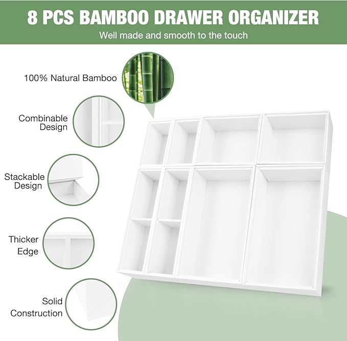 Bamboo Drawer Organizer Set, 8 PCS White Multi-Use Wood Drawer Storage Kitchen Boxes, Junk Drawer Organizer Divider Bins for Bathroom, Office Desk, Makeup, Jewelry, Utensils