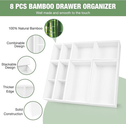 Bamboo Drawer Organizer Set, 8 PCS White Multi-Use Wood Drawer Storage Kitchen Boxes, Junk Drawer Organizer Divider Bins for Bathroom, Office Desk, Makeup, Jewelry, Utensils